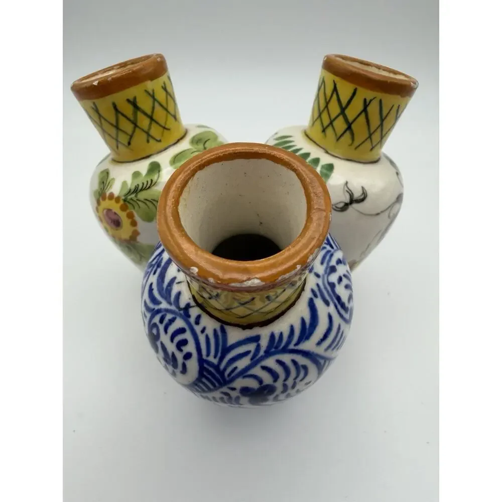 Mid-Century Modern Italian Pottery Hand Painted 3 Connected Cluster Vases